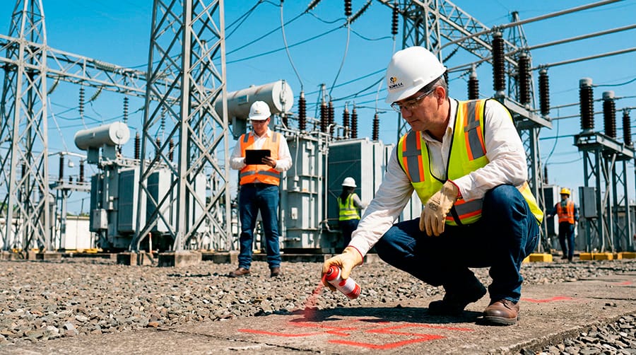Cómo Detectar Cables Energizados Subterráneos en Panamá - trabajando en una subestación eléctrica al aire libre