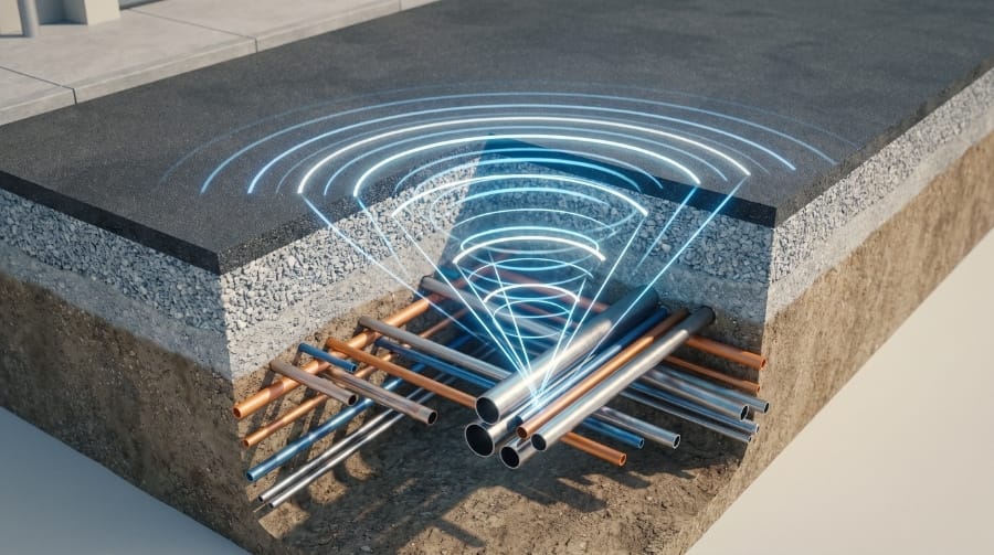 corte transversal de una calle (cross-section) mostrando la superficie de asfalto y el subsuelo. Desde la superficie, unas ondas electromagnéticas estilizadas y brillantes descienden hasta detecta