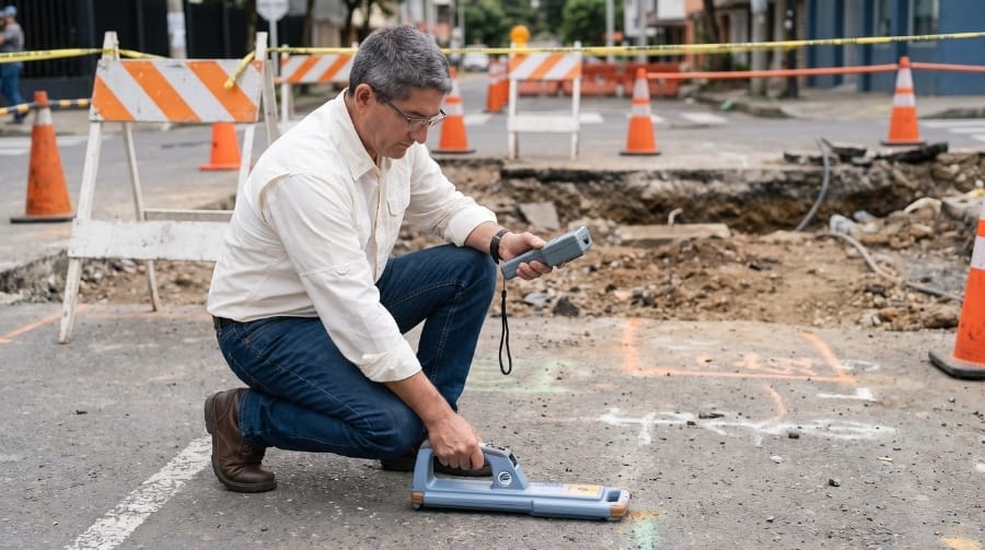 técnico profesional operando un equipo de escaneo electromagnético (localizador de cables) sobre el asfalto en una zona de obras urbanas