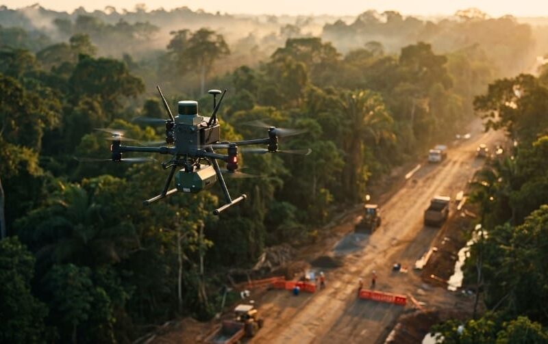 Dron con sensor LiDAR realizando mapeo aéreo sobre zona de vegetación densa