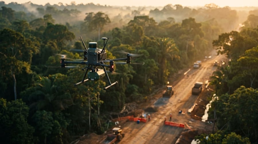 Dron con sensor LiDAR realizando mapeo aéreo sobre zona de vegetación densa