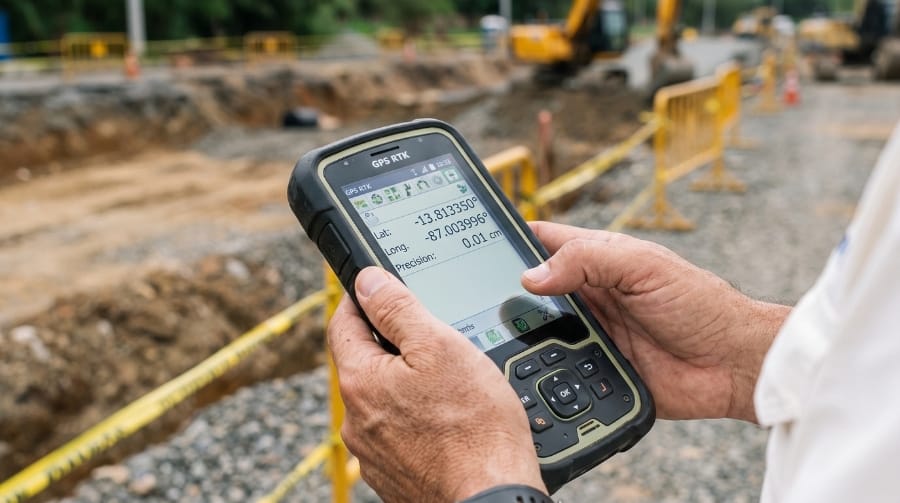 Controlador GPS RTK mostrando precisión centimétrica en campo