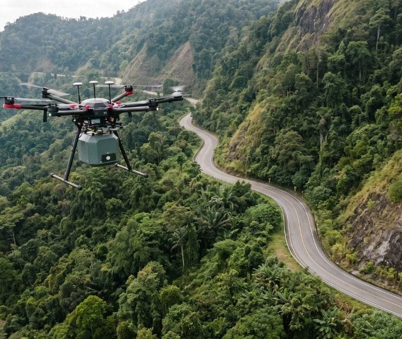 Dron con sensor LiDAR inspeccionando una ladera y una vía para evaluación post-sísmica Dron con sensor LiDAR inspeccionando una ladera y una vía para evaluación post-sísmica