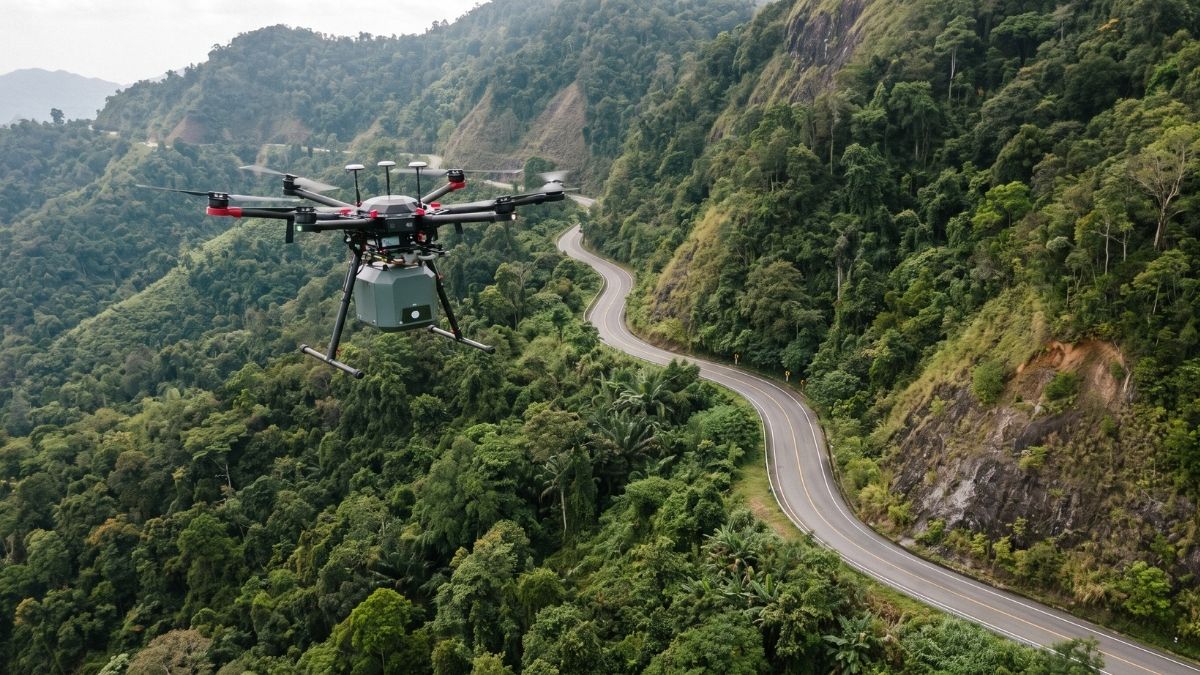 Dron con sensor LiDAR inspeccionando una ladera y una vía para evaluación post-sísmica