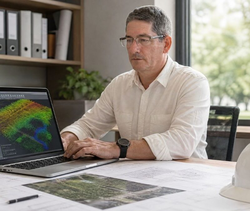 Ingeniero revisando datos de un estudio LiDAR en oficina técnica Ingeniero revisando datos de un estudio LiDAR en oficina técnica