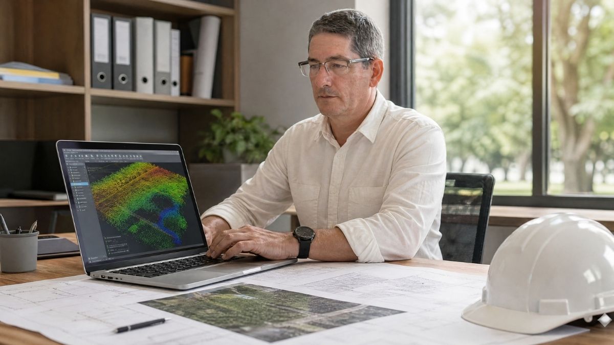 Ingeniero revisando datos de un estudio LiDAR en oficina técnica