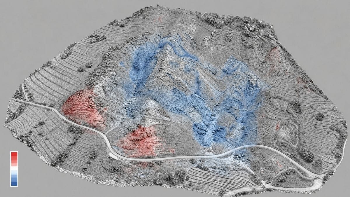 Mapa de cambios de terreno obtenido al comparar nubes de puntos LiDAR antes y después de un sismo