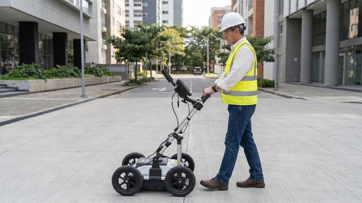 Técnico realizando una inspección con georradar sobre un pavimento para detectar vacíos subterráneos