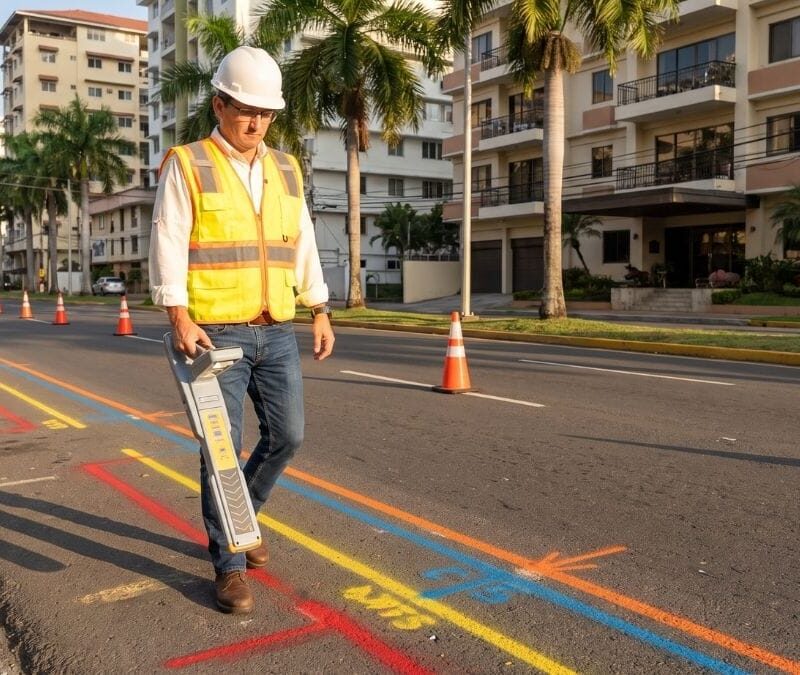Trazado de redes de servicios públicos con detección electromagnética en una calle de Panamá Trazado de redes de servicios públicos con detección electromagnética en una calle de Panamá