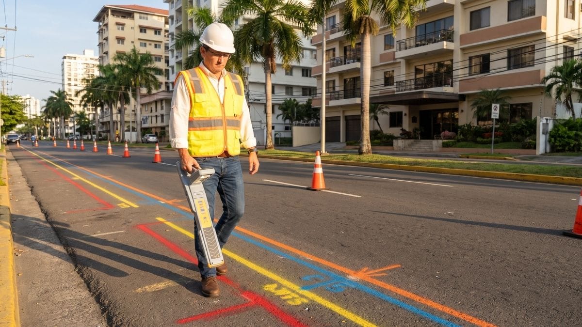 Trazado de redes de servicios públicos con detección electromagnética en una calle de Panamá